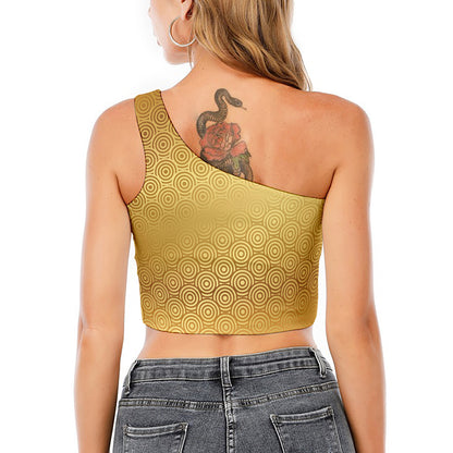 Gold Chinese Pattern Print One Shoulder Crop Top