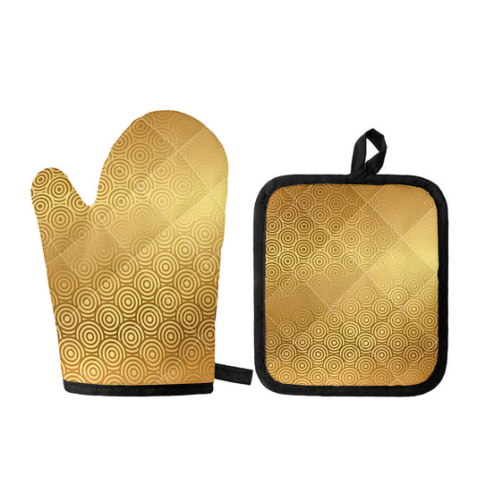 Gold Chinese Pattern Print Oven Mitt And Pot Holder Set