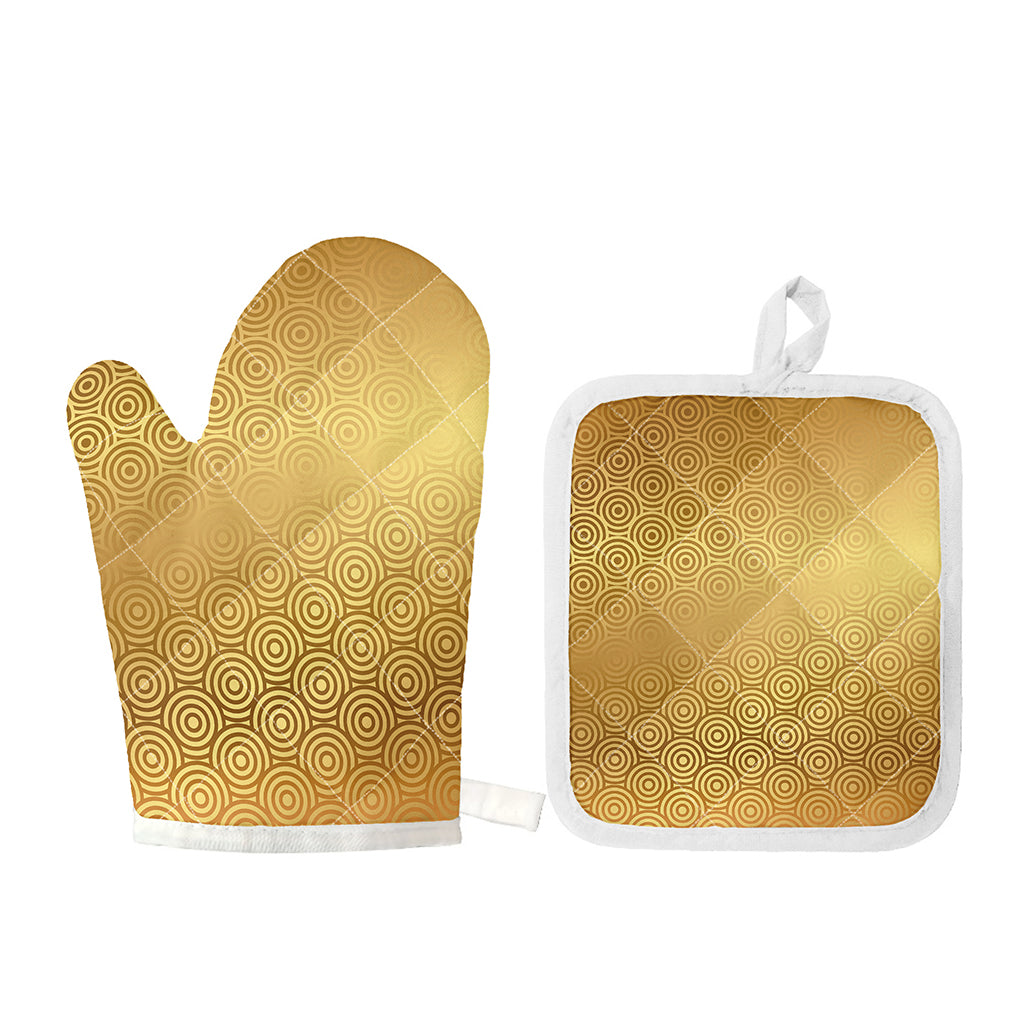 Gold Chinese Pattern Print Oven Mitt And Pot Holder Set