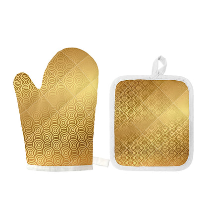 Gold Chinese Pattern Print Oven Mitt And Pot Holder Set
