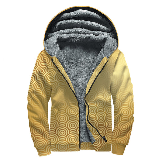 Gold Chinese Pattern Print Sherpa Lined Zip Up Hoodie