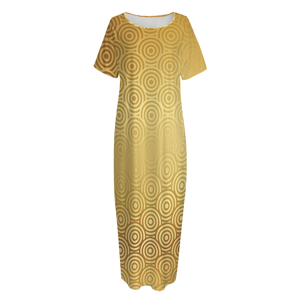 Gold Chinese Pattern Print Short Sleeve Long Nightdress