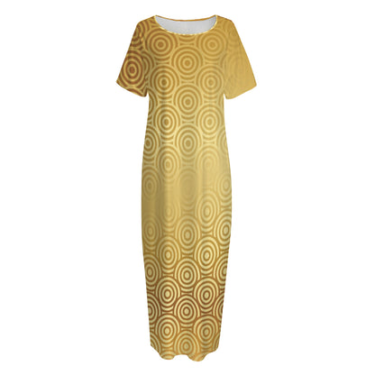 Gold Chinese Pattern Print Short Sleeve Long Nightdress