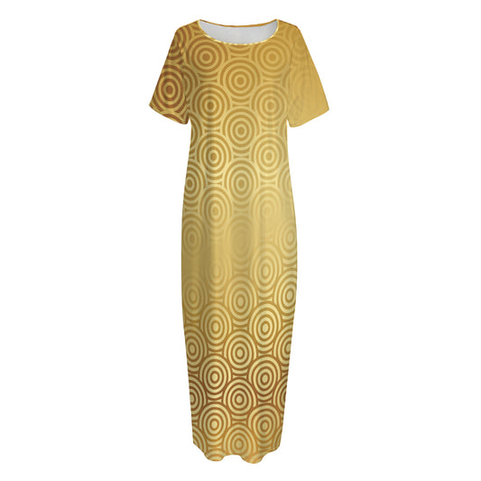 Gold Chinese Pattern Print Short Sleeve Long Nightdress