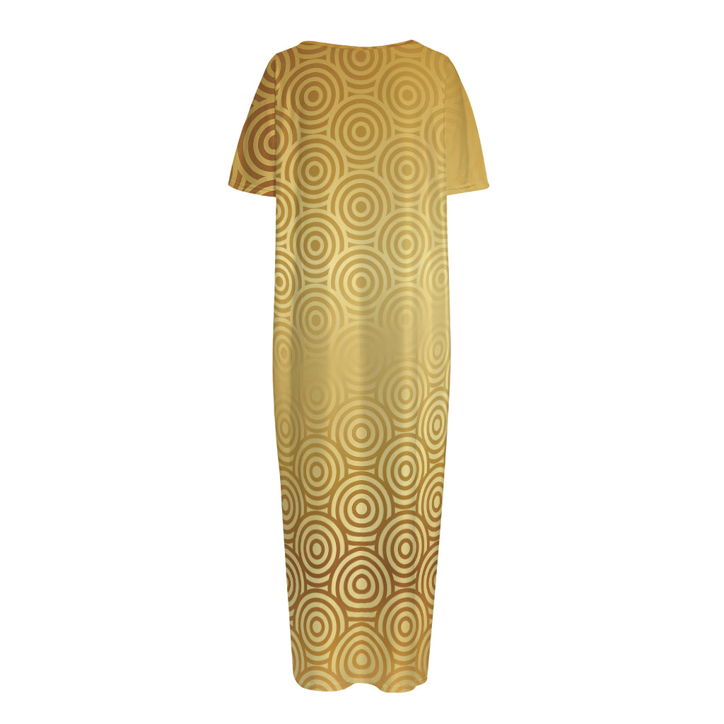 Gold Chinese Pattern Print Short Sleeve Long Nightdress