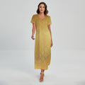 Gold Chinese Pattern Print Short Sleeve Maxi Dress