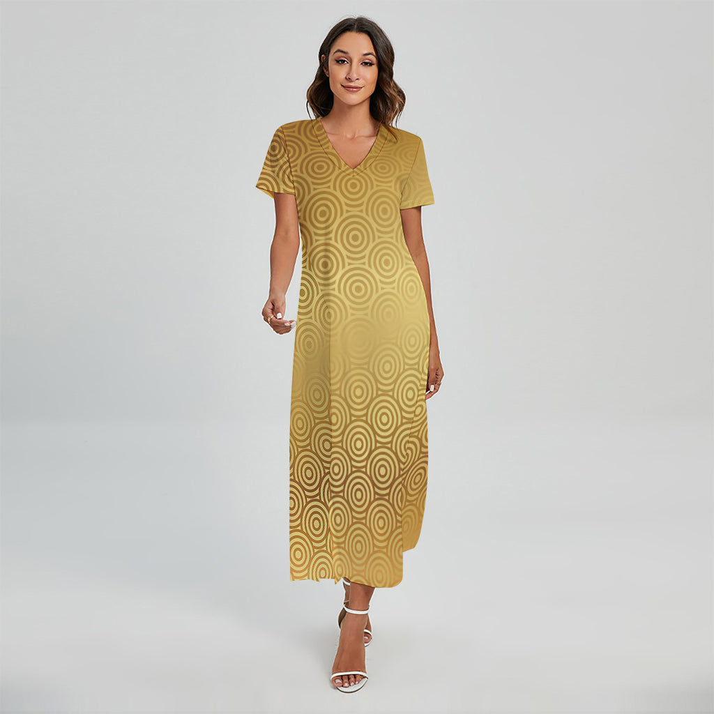Gold Chinese Pattern Print Short Sleeve Maxi Dress