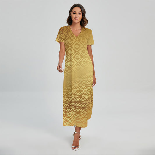 Gold Chinese Pattern Print Short Sleeve Maxi Dress