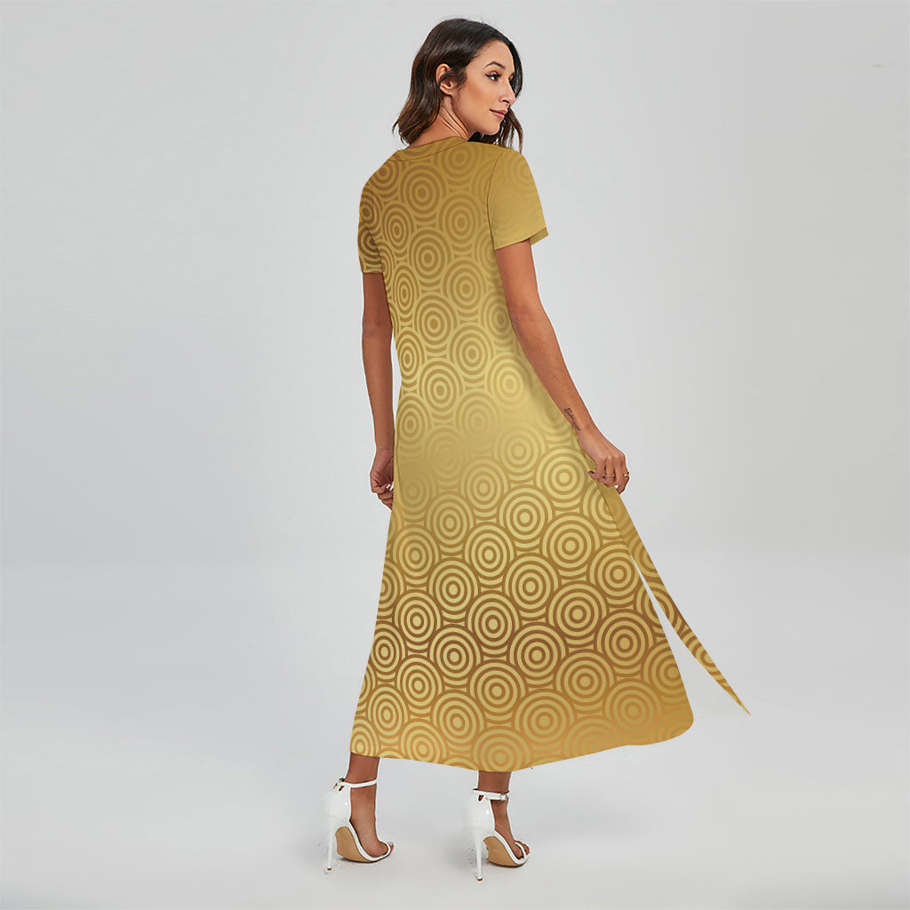 Gold Chinese Pattern Print Short Sleeve Maxi Dress