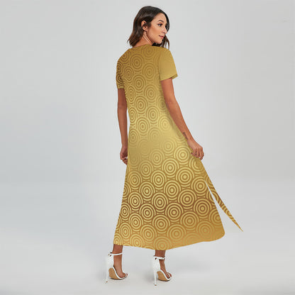 Gold Chinese Pattern Print Short Sleeve Maxi Dress