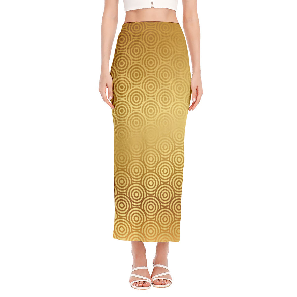 Gold Chinese Pattern Print Side Slit Maxi Skirt