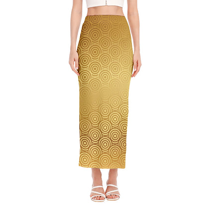Gold Chinese Pattern Print Side Slit Maxi Skirt