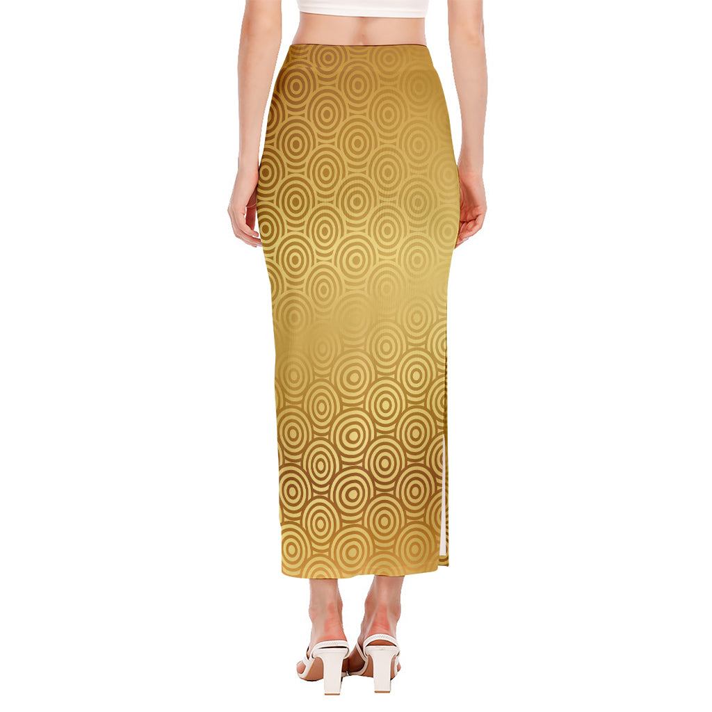 Gold Chinese Pattern Print Side Slit Maxi Skirt