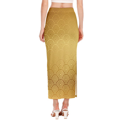 Gold Chinese Pattern Print Side Slit Maxi Skirt