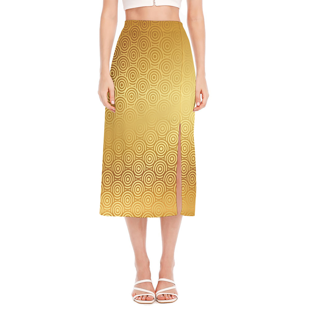 Gold Chinese Pattern Print Side Slit Midi Skirt