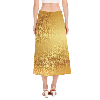 Gold Chinese Pattern Print Side Slit Midi Skirt