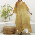 Gold Chinese Pattern Print Silk V-Neck Kaftan Dress