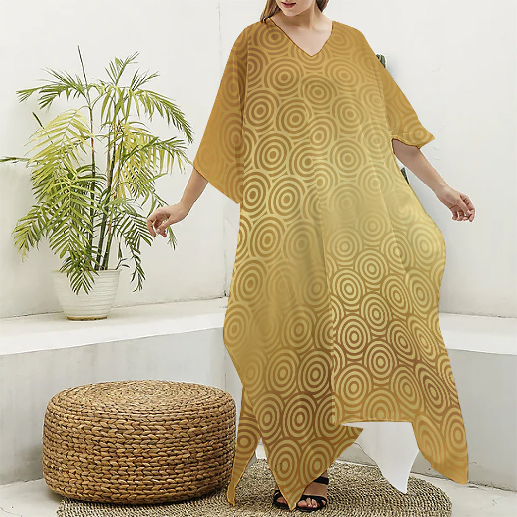 Gold Chinese Pattern Print Silk V-Neck Kaftan Dress