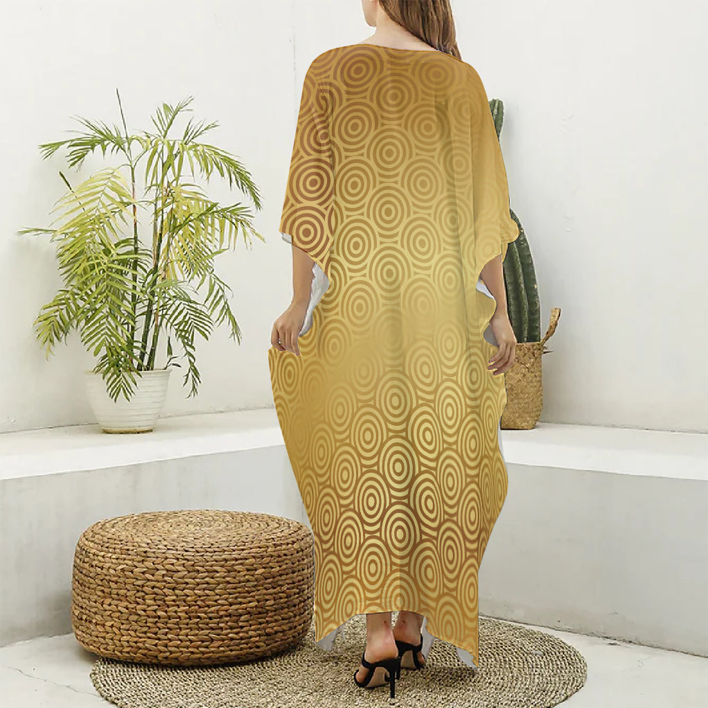 Gold Chinese Pattern Print Silk V-Neck Kaftan Dress