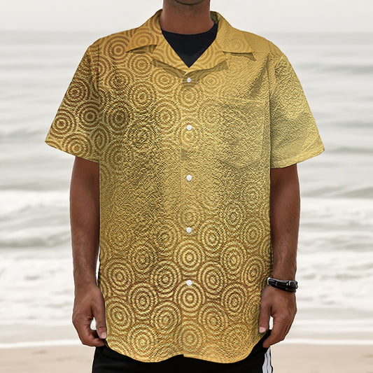 Gold Chinese Pattern Print Textured Short Sleeve Shirt