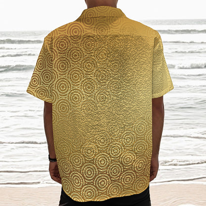 Gold Chinese Pattern Print Textured Short Sleeve Shirt