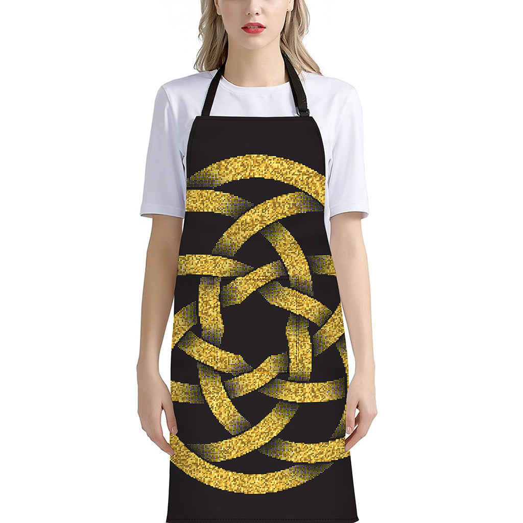 Gold Circle Celtic Knot Symbol Print Bib Apron With Pocket