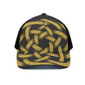 Gold Circle Celtic Knot Symbol Print Black Mesh Trucker Hat