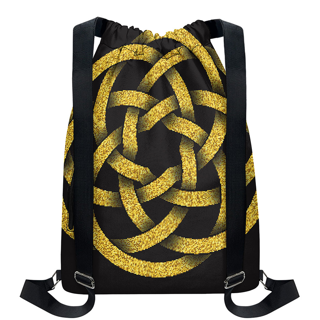 Gold Circle Celtic Knot Symbol Print Drawstring Backpack