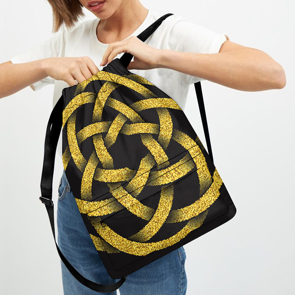 Gold Circle Celtic Knot Symbol Print Drawstring Backpack