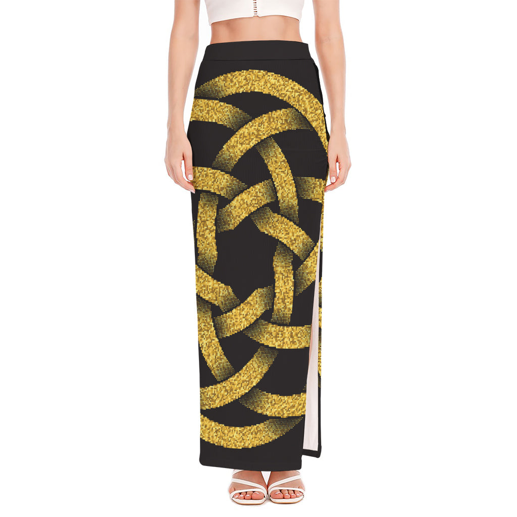 Gold Circle Celtic Knot Symbol Print High Slit Maxi Skirt