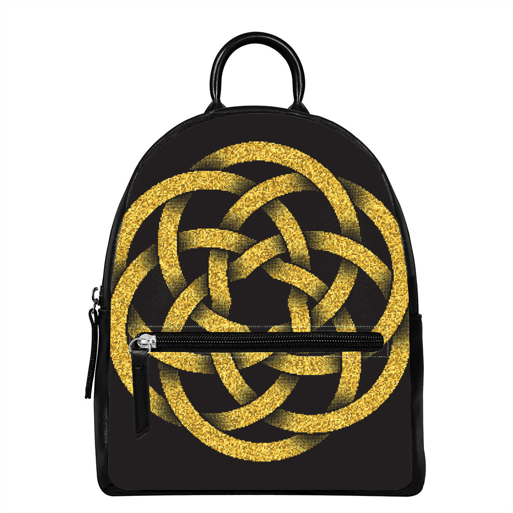 Gold Circle Celtic Knot Symbol Print Leather Backpack