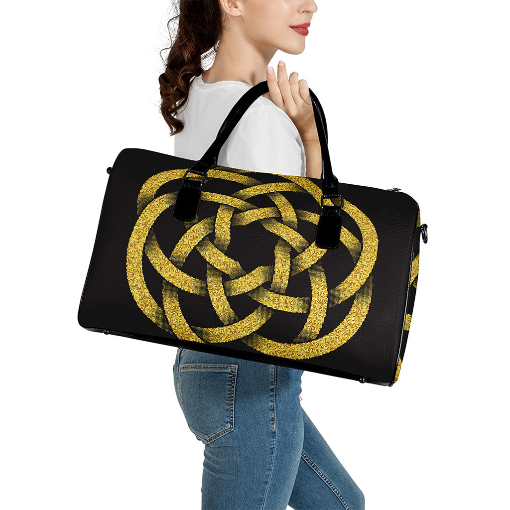 Gold Circle Celtic Knot Symbol Print Leather Duffle Bag
