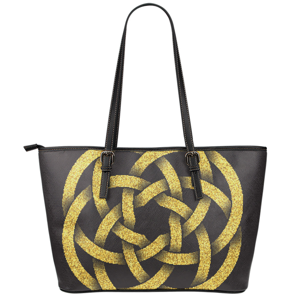 Gold Circle Celtic Knot Symbol Print Leather Tote Bag