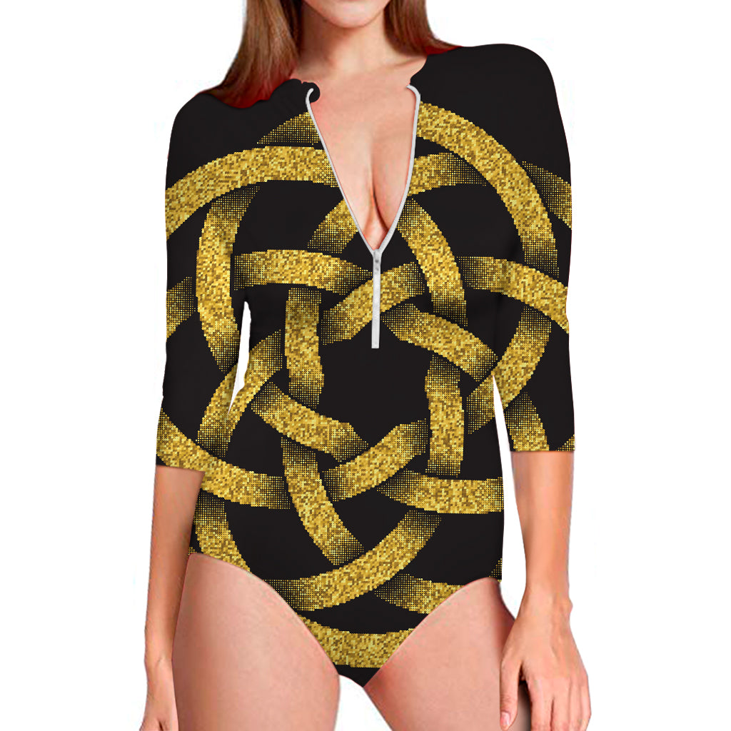 Gold Circle Celtic Knot Symbol Print Long Sleeve Swimsuit