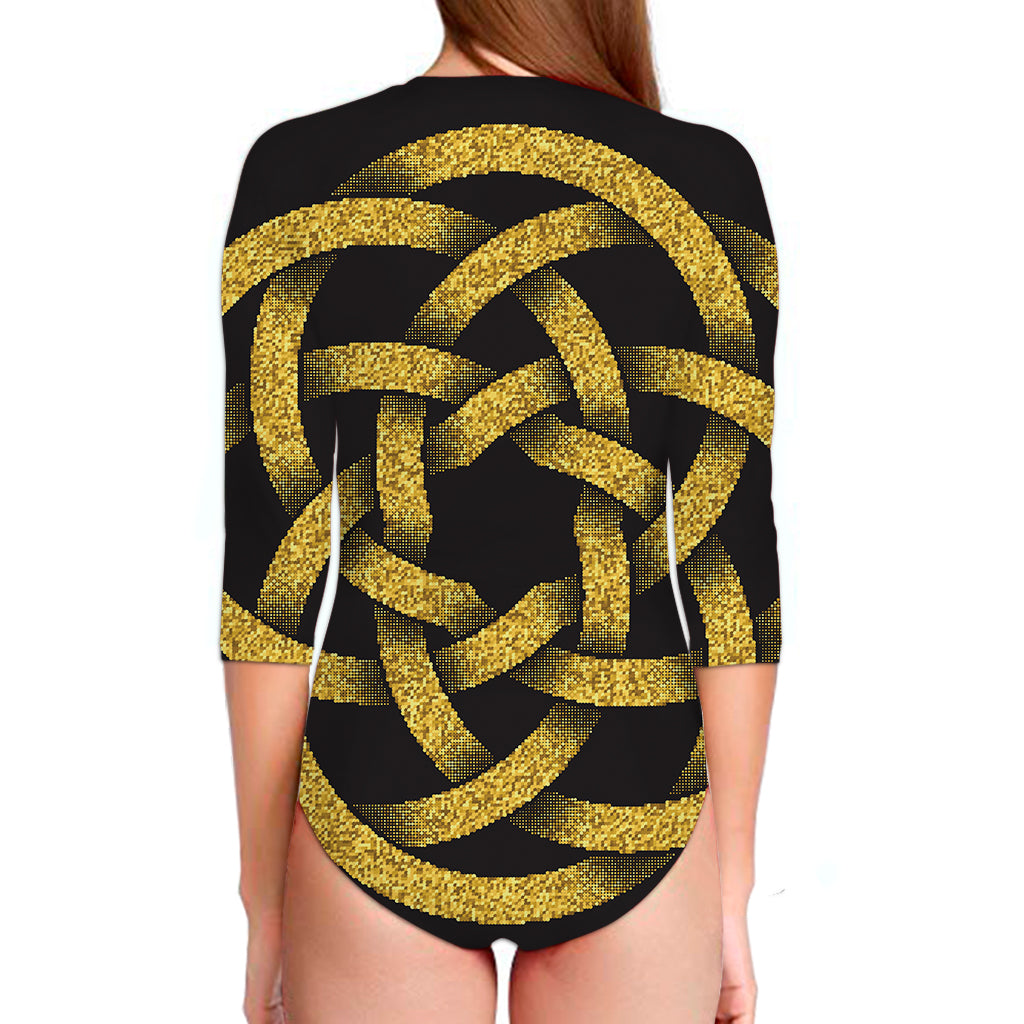 Gold Circle Celtic Knot Symbol Print Long Sleeve Swimsuit