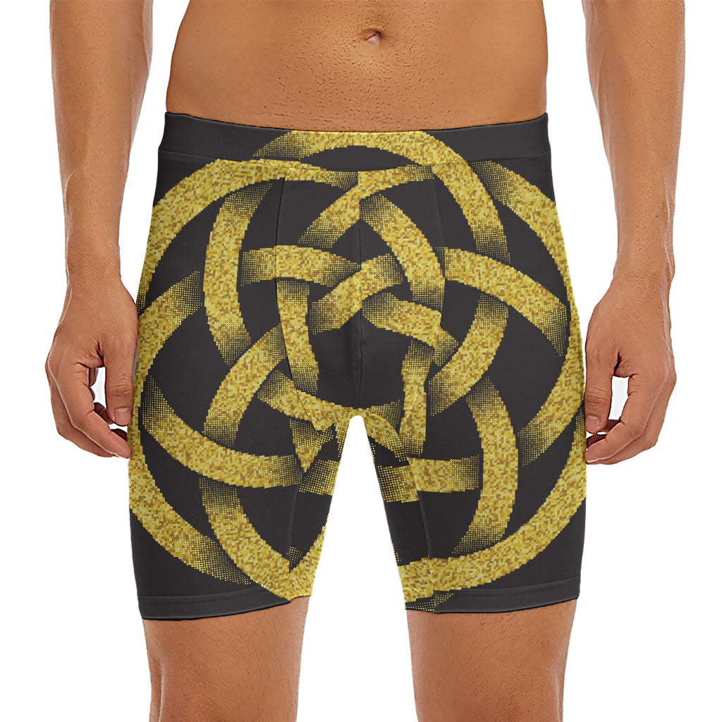 Gold Circle Celtic Knot Symbol Print Men's Long Boxer Briefs