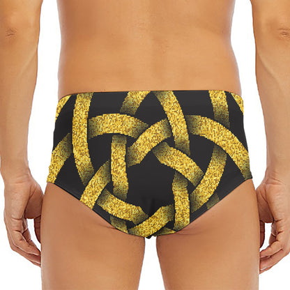 Gold Circle Celtic Knot Symbol Print Men's Triangle Swim Briefs