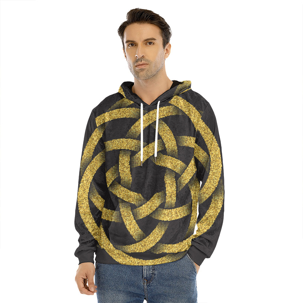 Gold Circle Celtic Knot Symbol Print Men's Velvet Pullover Hoodie