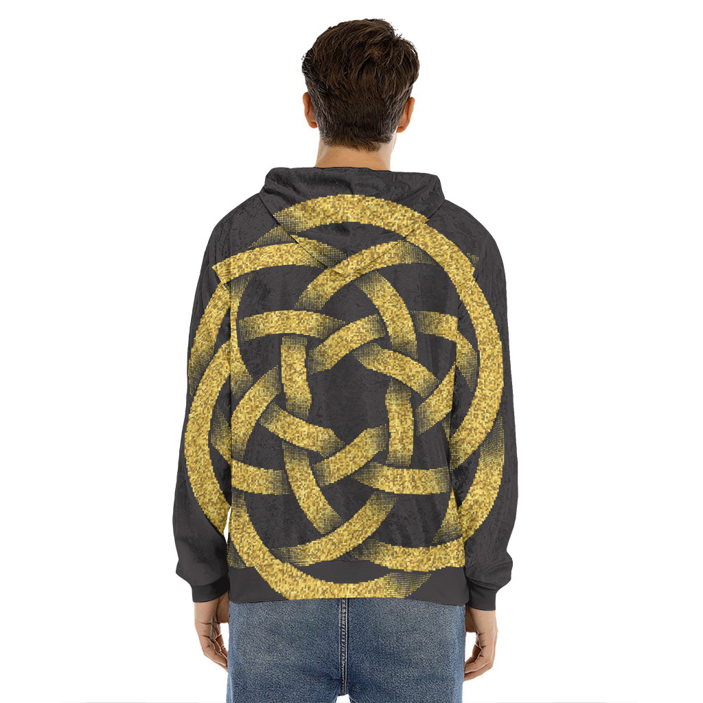 Gold Circle Celtic Knot Symbol Print Men's Velvet Pullover Hoodie