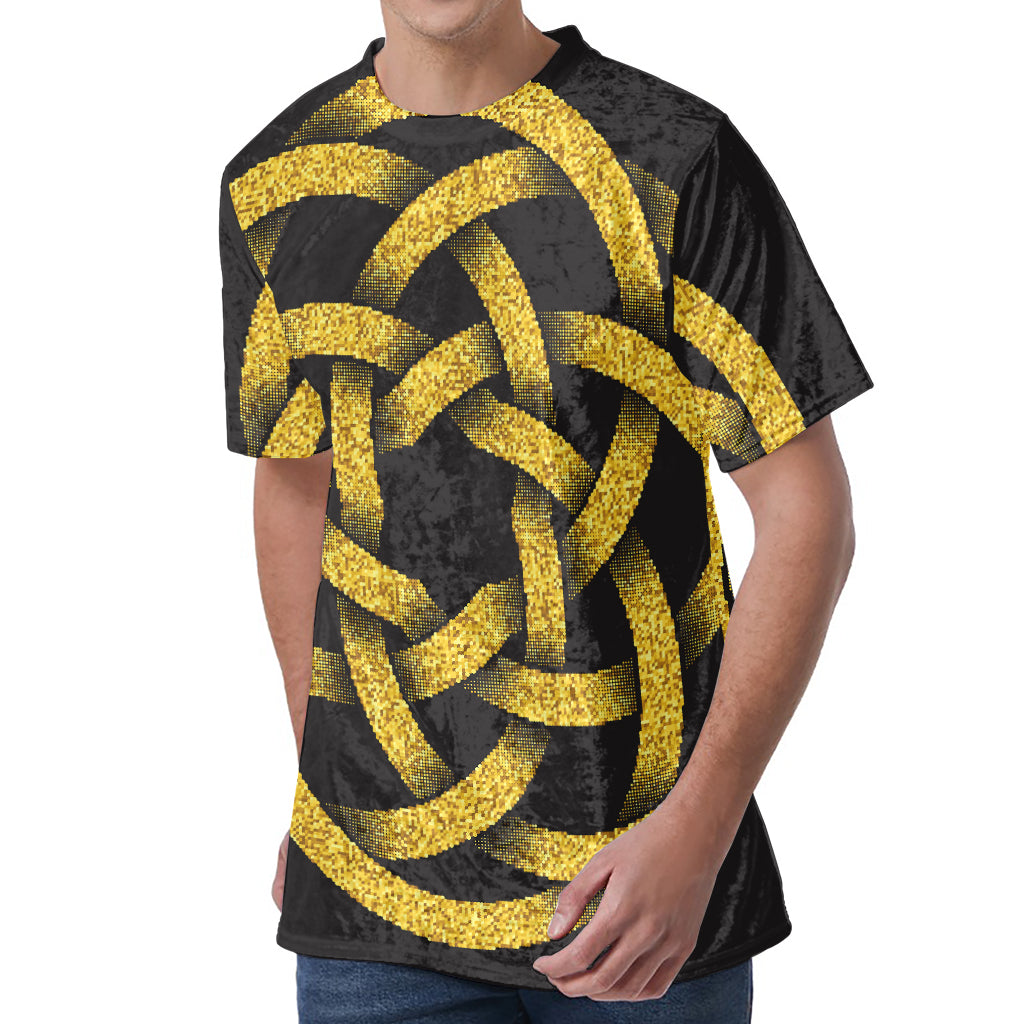 Gold Circle Celtic Knot Symbol Print Men's Velvet T-Shirt