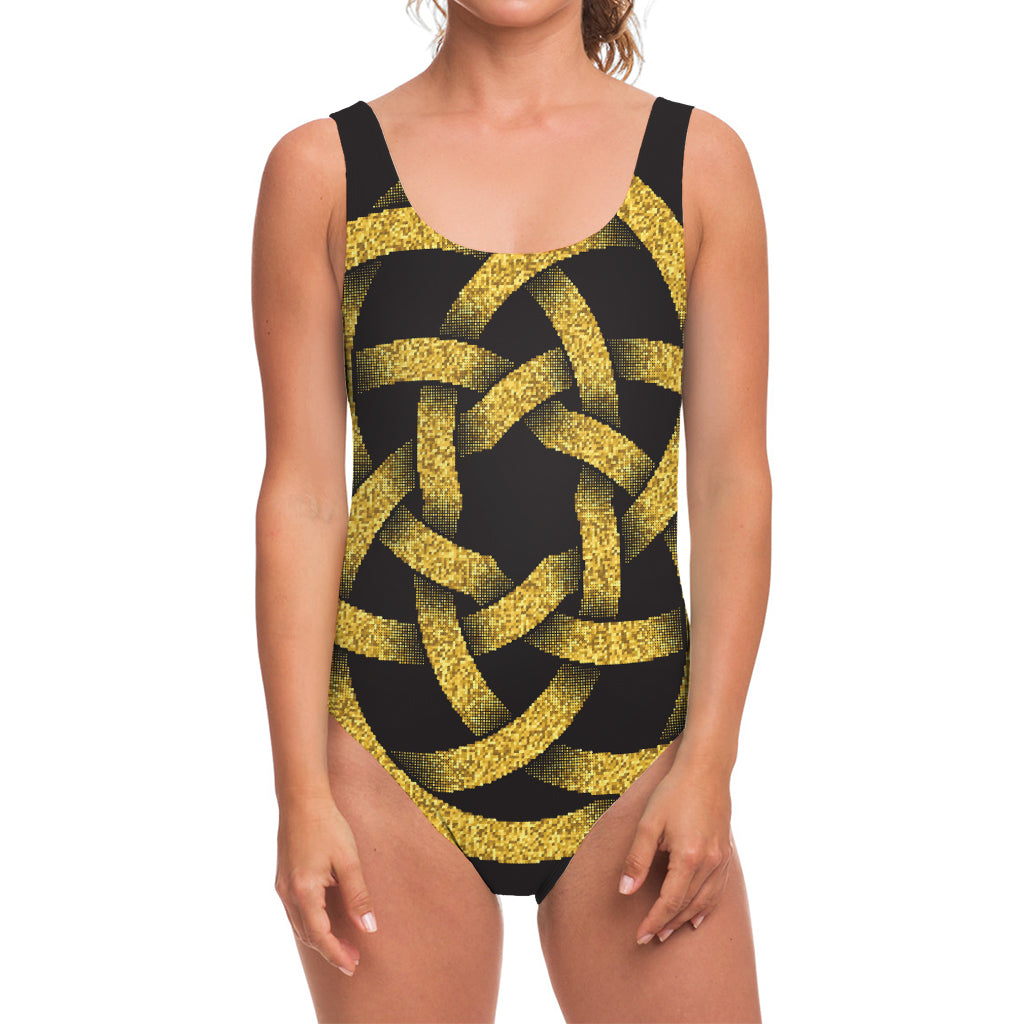 Gold Circle Celtic Knot Symbol Print One Piece Swimsuit
