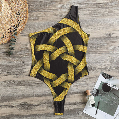 Gold Circle Celtic Knot Symbol Print One Shoulder Bodysuit