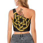 Gold Circle Celtic Knot Symbol Print One Shoulder Crop Top