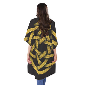 Gold Circle Celtic Knot Symbol Print Open Front Beach Cover Up