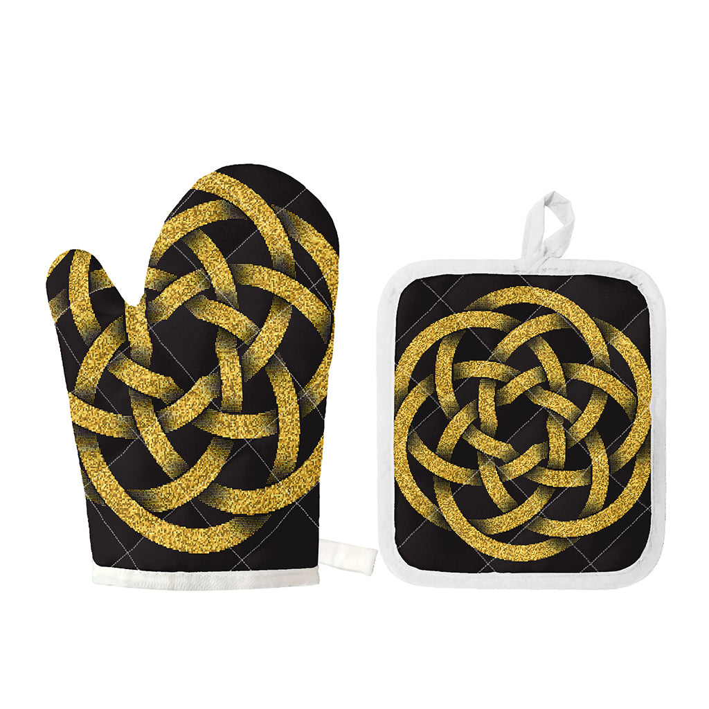 Gold Circle Celtic Knot Symbol Print Oven Mitt And Pot Holder Set