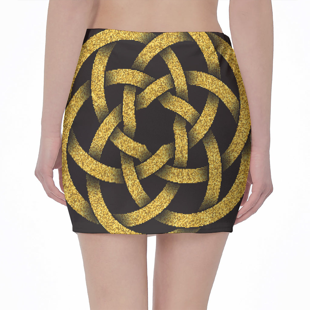 Gold Circle Celtic Knot Symbol Print Pencil Mini Skirt