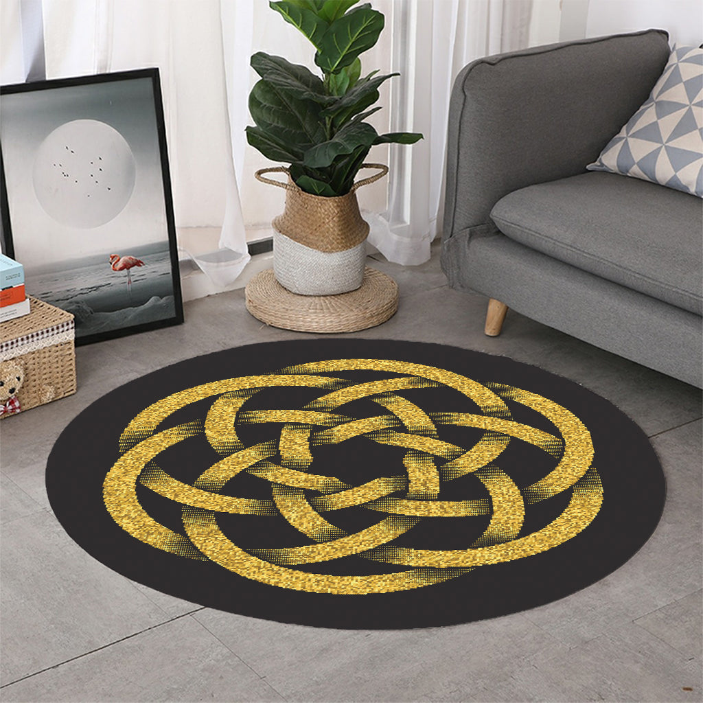 Gold Circle Celtic Knot Symbol Print Round Rug