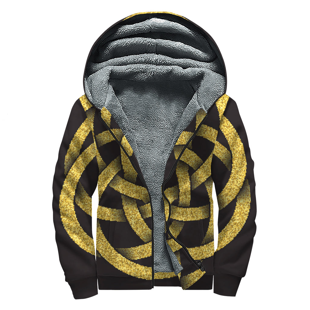 Gold Circle Celtic Knot Symbol Print Sherpa Lined Zip Up Hoodie