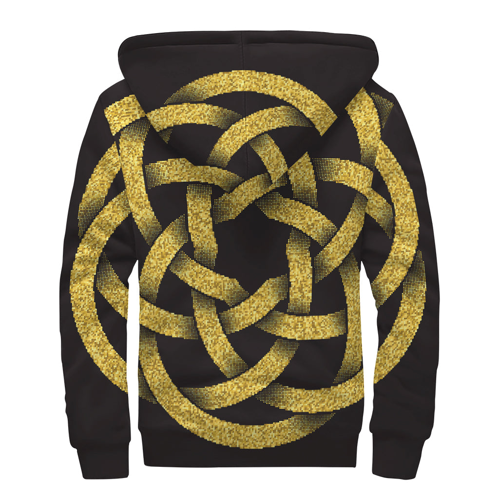 Gold Circle Celtic Knot Symbol Print Sherpa Lined Zip Up Hoodie
