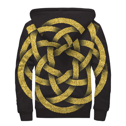 Gold Circle Celtic Knot Symbol Print Sherpa Lined Zip Up Hoodie